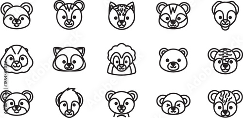 A collection of cute cartoon animal faces drawn in black and white