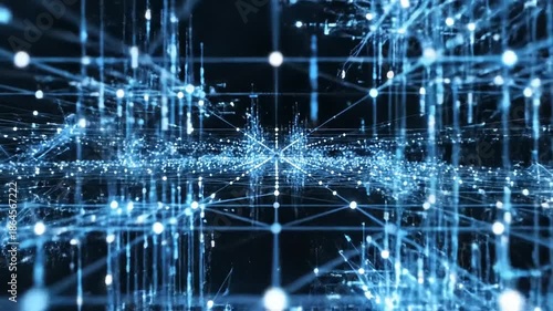 Dynamic visualization of abstract data streams and interconnected network nodes, symbolizing digital technology, artificial intelligence, and global information exchange in a futuristic concept