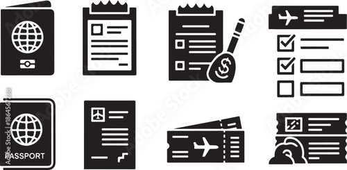 Travel documents and icons for passport and flight
