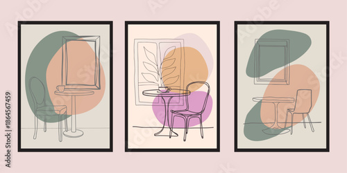 Minimal illustration of a café table with one chair, simple lines, soft neutral palette, calm morning mood, modern minimalist wall art