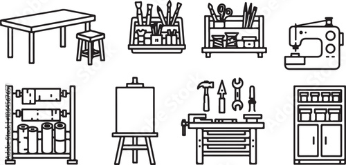 Various workshop tools and equipment for creative projects indoors