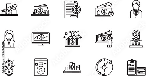 A collection of black and white line icons representing various financial concepts and symbols.