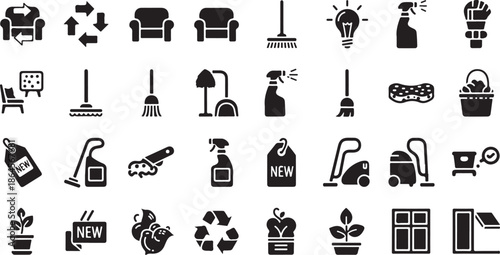 Cleaning Supplies and Household Icons in Black and White