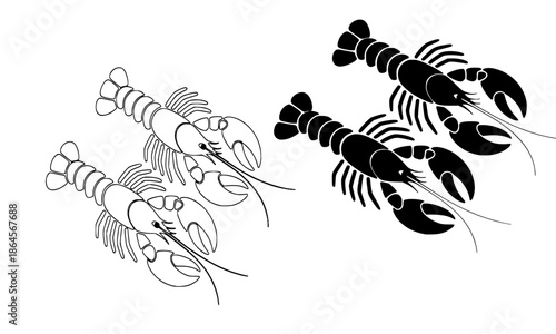 Lobster Illustration Set in Black and White, Silhouette and Line Art Vector of Marine Crustaceans, Seafood and Culinary Graphic Elements Isolated on White