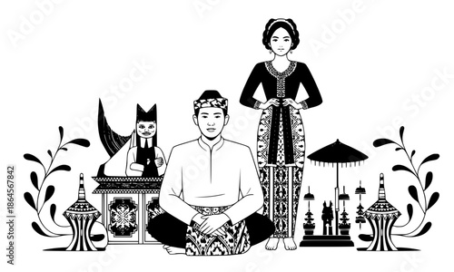 Traditional Indonesian Wedding Illustration in Black and White Line Art, Javanese Bride and Groom in Batik Dress, Wayang Kulit and Ethnic Ornaments Graphic, Cultural Java Heritage Vector Design