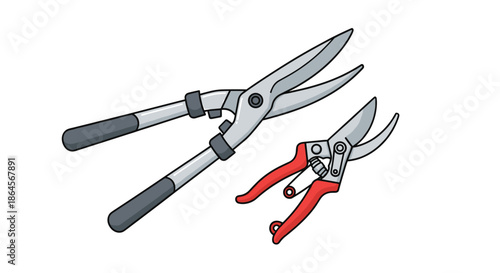 Garden tools set includes large hedge shears and smaller hand pruners for maintaining outdoor plants and landscape gardening tasks.