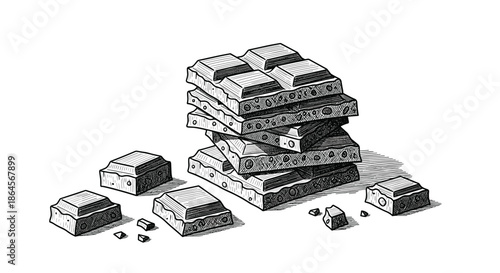 Artistic engraving of stacked chocolate bars with visible textures and small broken pieces creates a tempting visual of sweet treats.