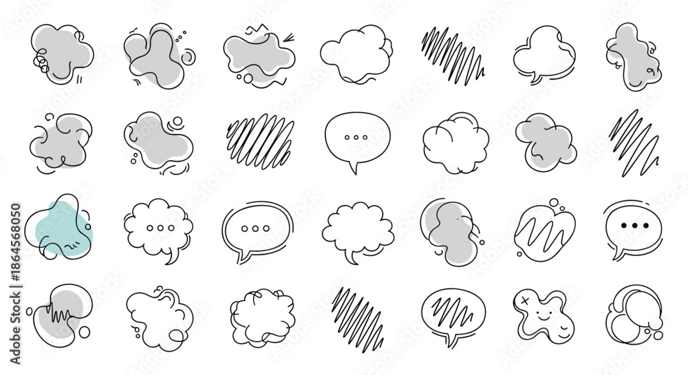 Obraz premium Creative set of hand drawn doodle style speech bubbles, thought clouds, and abstract shapes in black and blue on a clean white background.