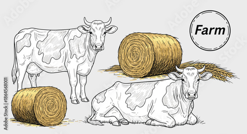 Detailed rural landscape with two cows standing and resting near hay bales in a vintage farm engraving style with a logo.