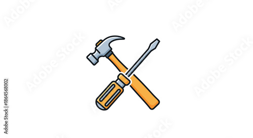 Crossed steel hammer and orange screwdriver hand tools for construction and home repair shown as a simple colorful icon.