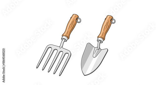 Essential garden hand tools including a four pronged metal fork and a sharp trowel with light brown wooden handles on white.