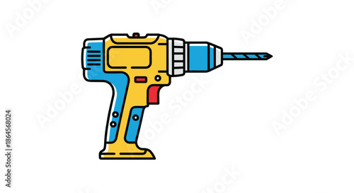 Yellow and blue cordless power drill tool with a metal bit for construction and home improvement projects on white background.