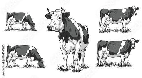 Collection of various holstein dairy cows in different poses including grazing and standing positions, hand drawn black and white sketches.