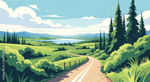 Beautiful pixel art landscape of a winding road leading through green hills toward a blue lake under a cloudy sky.