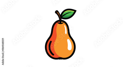 Single ripe pear fruit with a green leaf and brown stem depicted as a simple bright orange icon with bold black outlines.