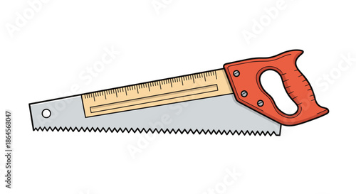 Simple hand drawn illustration of a classic hand saw with a red handle and a wooden blade protector shown on a clean white background.