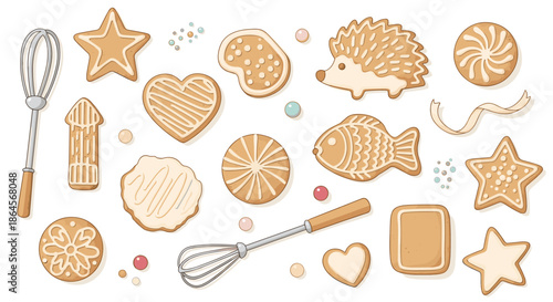 Festive assortment of gingerbread cookies in various fun shapes including stars, hearts, and animals with baking whisks and sprinkles.