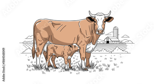 Detailed drawing of a protective cow and its small calf standing in a grassy pasture with a farm barn and tall silo in the distant backdrop.