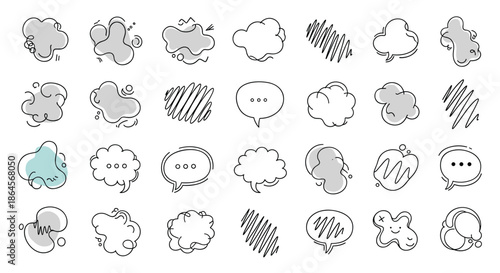 Creative set of hand drawn doodle style speech bubbles, thought clouds, and abstract shapes in black and blue on a clean white background.