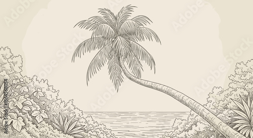 Vintage landscape sketch of a leaning palm tree over a tropical beach with coastal vegetation and ocean waves under a soft sun background.