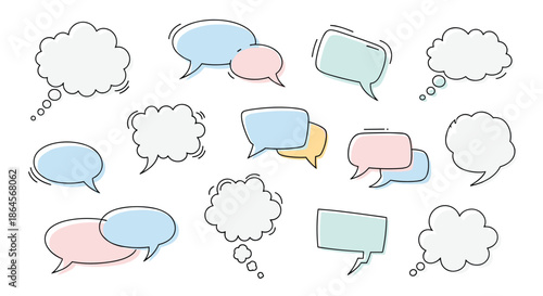 Set of colorful hand drawn speech bubbles and thought clouds in pastel shades of blue, pink, and yellow with various dashed outlines.