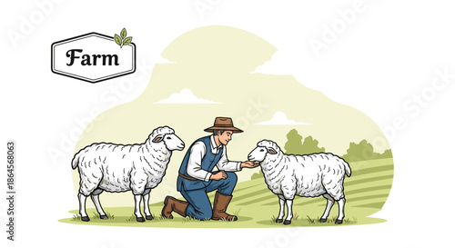 Peaceful scene of a farmer kneeling in a lush green field to pet a fluffy white sheep while another sheep grazes calmly nearby.
