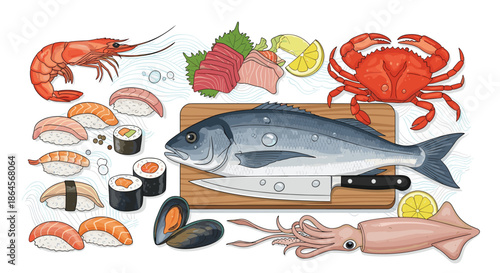 Elaborate composition of fresh sushi, sashimi, seafood like shrimp, crab, mussels, and a whole fish on a wooden board with a chef knife.