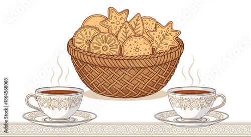Woven basket filled with various leaf and star shaped cookies placed between two decorative cups of hot tea with rising steam clouds.
