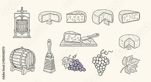 Selection of cheese making equipment and products including various cheese wheels, a grater, wooden wine barrel, and fresh grapes.