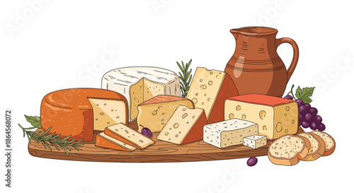 Rich still life illustration of various cheese types arranged on a wooden board with olives, rosemary, bread, and a ceramic wine jug.