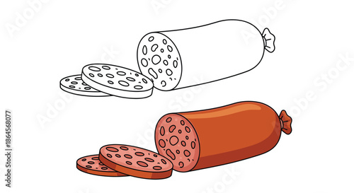Simple illustration of a sliced salami sausage shown as both a black and white line drawing and a fully colored realistic version.