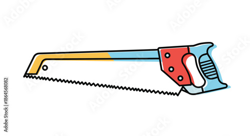 Modern stylized colorful icon of a hand saw with a blue blade and red handle, featuring a clean flat design with offset colors.
