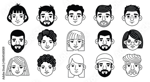 Grid of fifteen diverse human face icons representing different genders, hairstyles, and ethnicities in simple black and white line art.