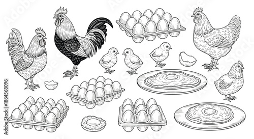 Extensive collection of poultry themed sketches including roosters, hens, chicks, egg cartons, and fried eggs in black and white line art.