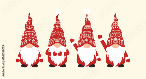 Group of four cute christmas gnomes wearing tall red patterned hats and long white beards standing in a row on a cream background.
