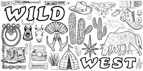 A charming wild west themed doodle illustration with various western elements