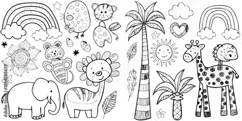 Charming black and white illustration of animals rainbows and tropical plants