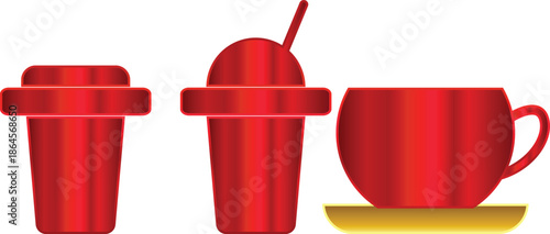 Vector illustration of various red drinkware: a lidded cup, a smoothie cup with a straw, and a teacup on a golden saucer.