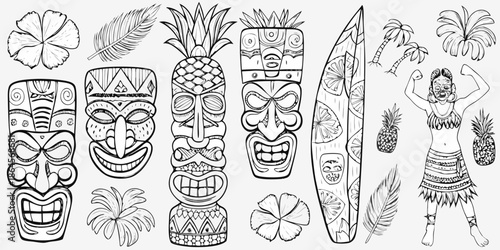 Tropical elements hibiscus flowers tiki masks surfboards and a hula dancer sketch