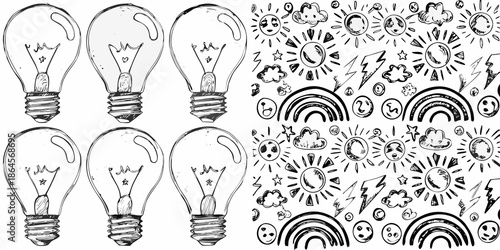 Sketch illustrations of light bulbs suns rainbows and stars on a white background