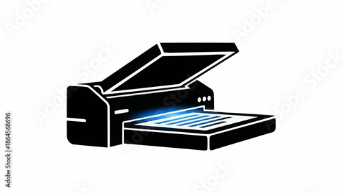 Silhouette of a scanner with an open lid and glowing light.