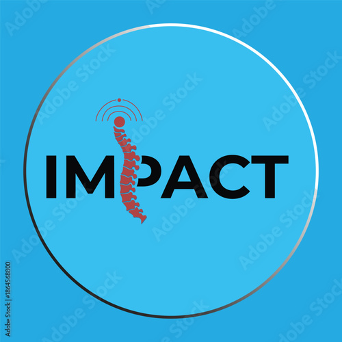 Spine Health and Chiropractic Care Logo Design with "IMPACT" Text and Human Vertebrae Icon on Blue Background