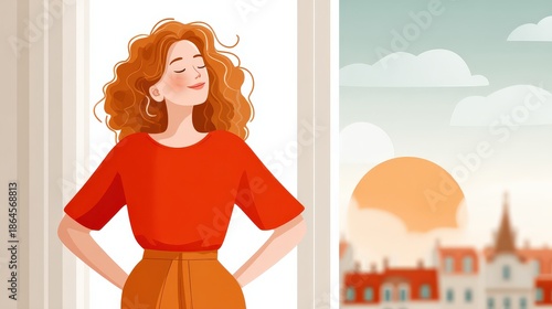 Joyful woman enjoying sunset view from window urban landscape digital illustration warm atmosphere artistic perspective