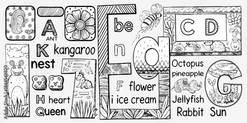 An illustrated alphabet coloring page featuring animals and objects