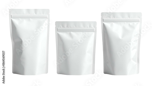 Three blank, white stand-up pouches with zip closures, arranged symmetrically against a solid black background, showcasing different sizes