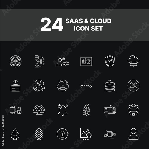 24 SaaS & Cloud Line Icons – Technology & Data Systems for Dark UI, Ideal for modern dashboards, SaaS platforms, admin panels, and digital products. Features cloud services, cybersecurity, data flow