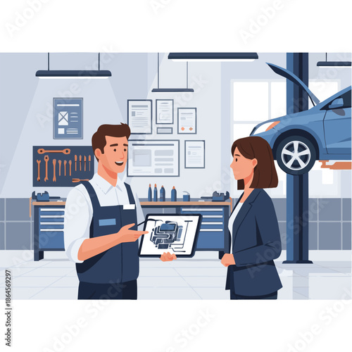 Automotive technician discussing car engine diagnosis with a female client in a modern auto repair garage, highlighting professional vehicle maintenance and customer service