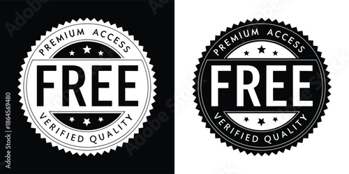 Set of two premium access free verified quality badges, one white on black and one black on white, ideal for promotions