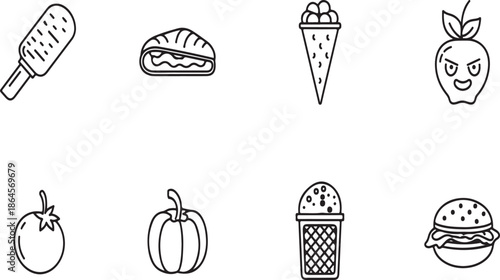 A set of simple line drawings of various food items on a white background