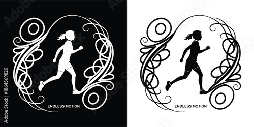 Graphic illustration of a female runner silhouette in motion, framed by elegant swirling and circular decorative elements, in contrasting black and white versions